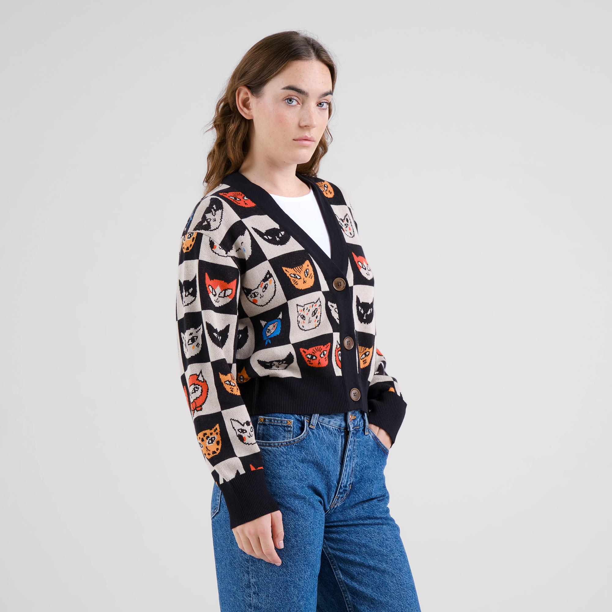 Dedicated Kanan Cat Bingo Cardigan Strickjacke Bio Baumwolle weiß schwarz